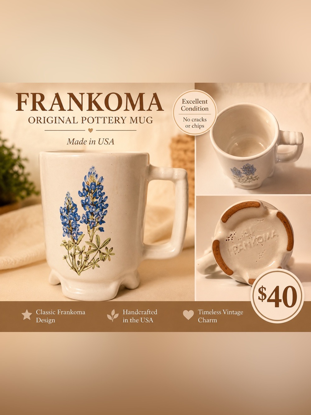 Frankoma White Mug with Blue and Green Texas Bluebonnet Design